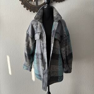 BIBI Plaid Fleece Flannel Shacket Unisex Teal/Gray SzS Streetwear Hipster Urban